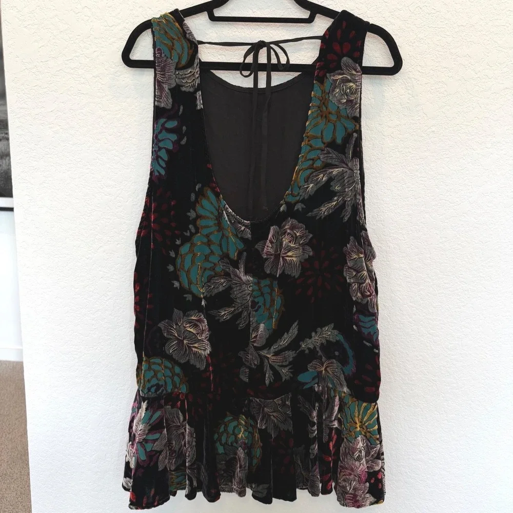 Free People‎ Black Floral Burnout Velvet Peplum Tunic Top Open Tie Back Medium